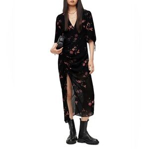 NWT All Saints Safiya Solanio Floral Print V-Neck Ruched Midi Dress US Size 2